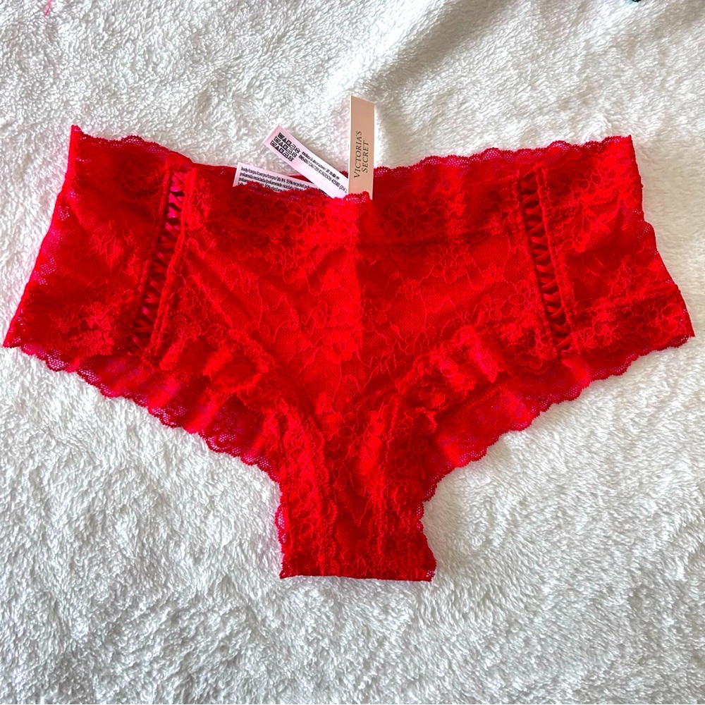 NWT Victorias Secret Medium Panty Lipstick Red Strappy Rose Lace Cotton Lingerie